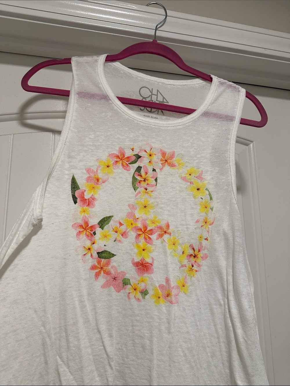 Chaser White Floral Peace Sign Tank Top